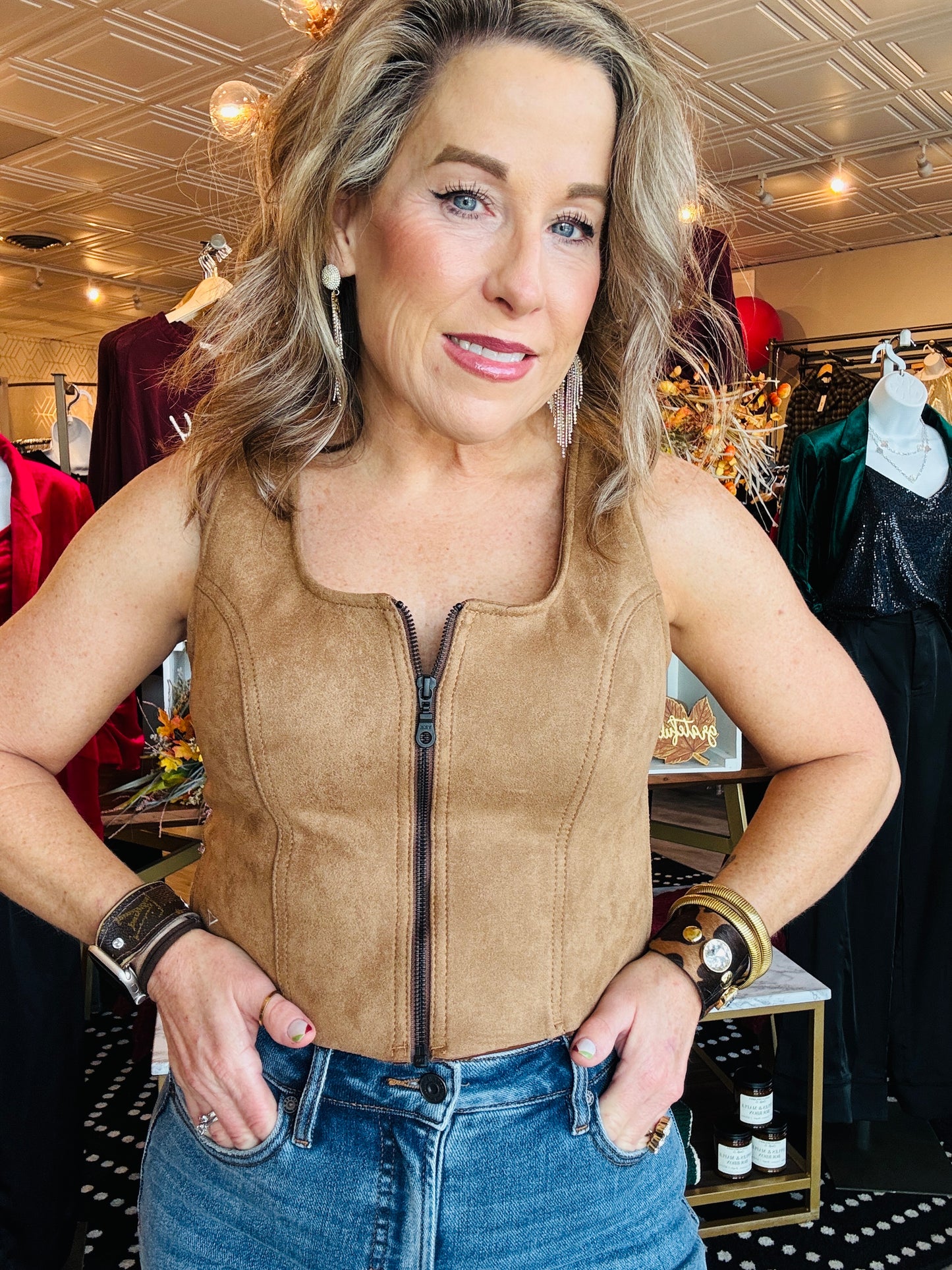 HIDDEN BODYCON FRONT ZIPPER SUEDE TOP