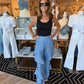 CURRENT AIR CHAMBRAY RUFFLE TIERED BOOTCUT PANTS