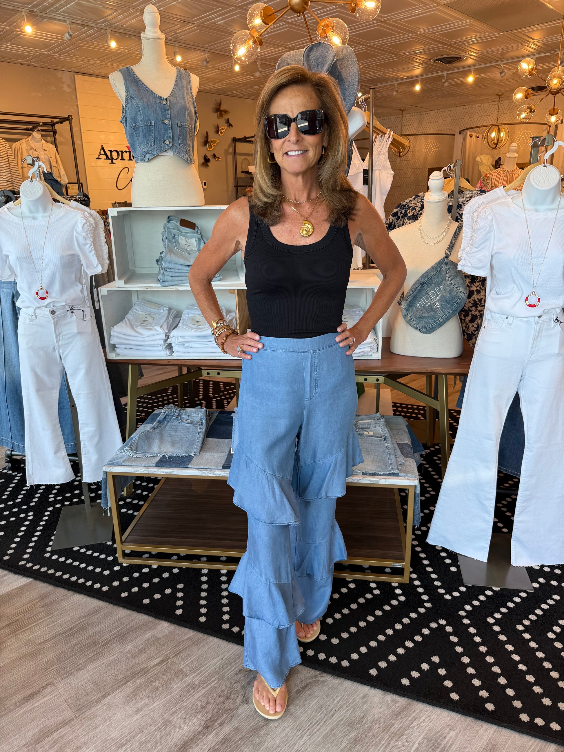 CURRENT AIR CHAMBRAY RUFFLE TIERED BOOTCUT PANTS