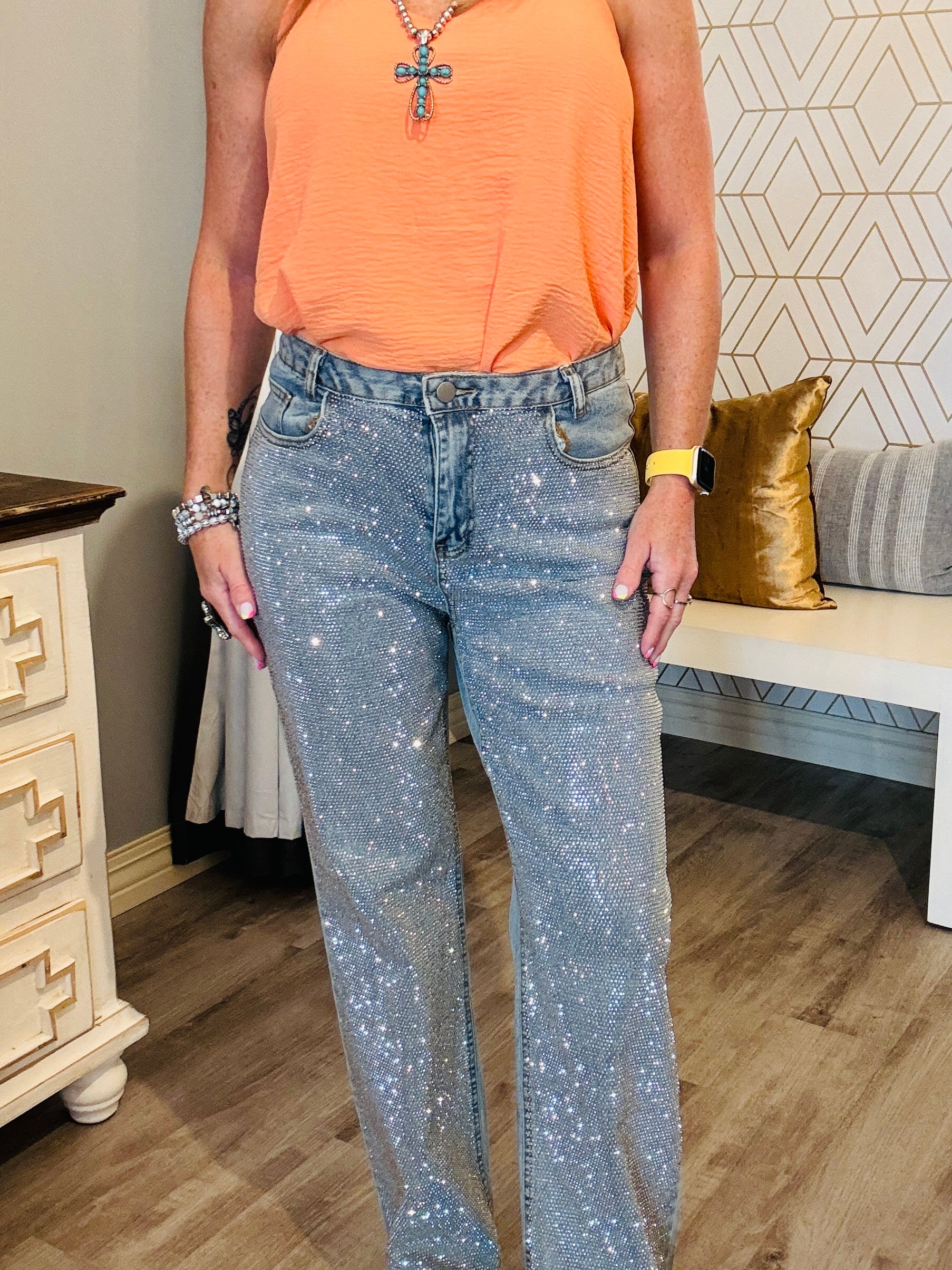 RHINESTONE STUD DENIM JEANS