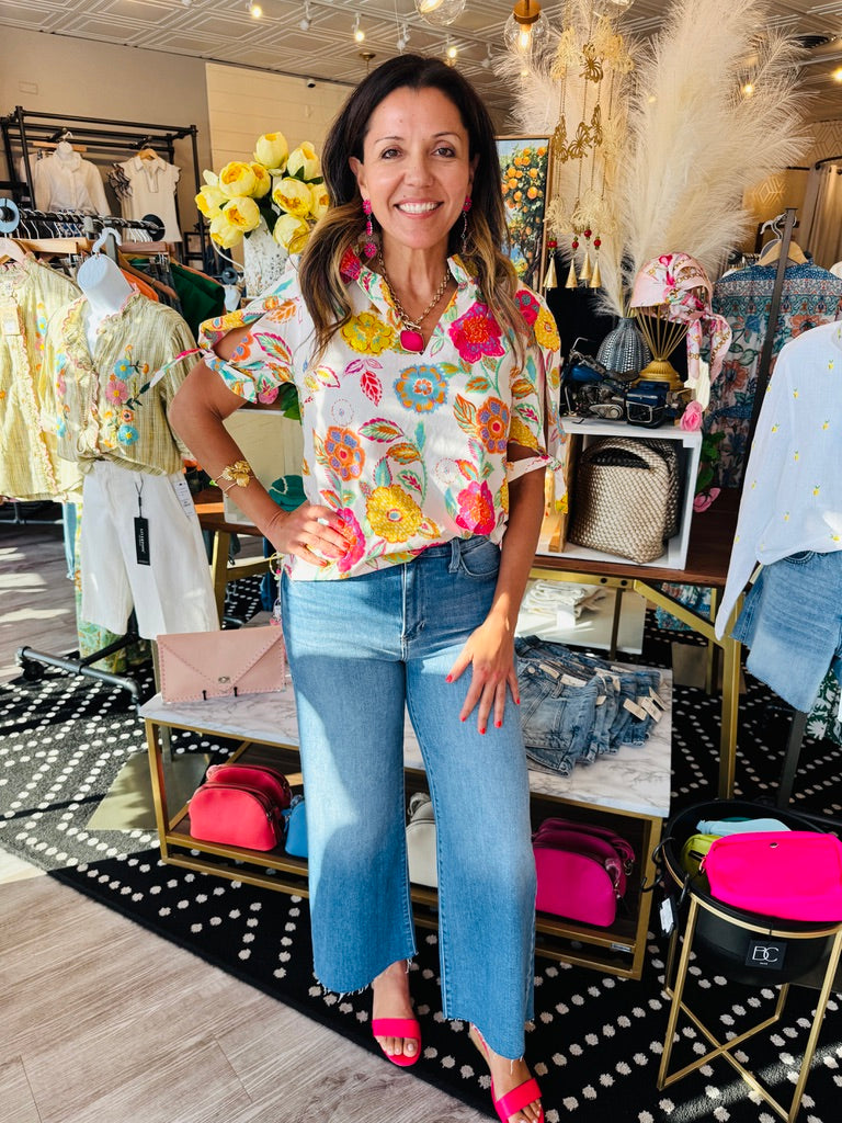 FLORAL PATTERN SLV TIE TOP