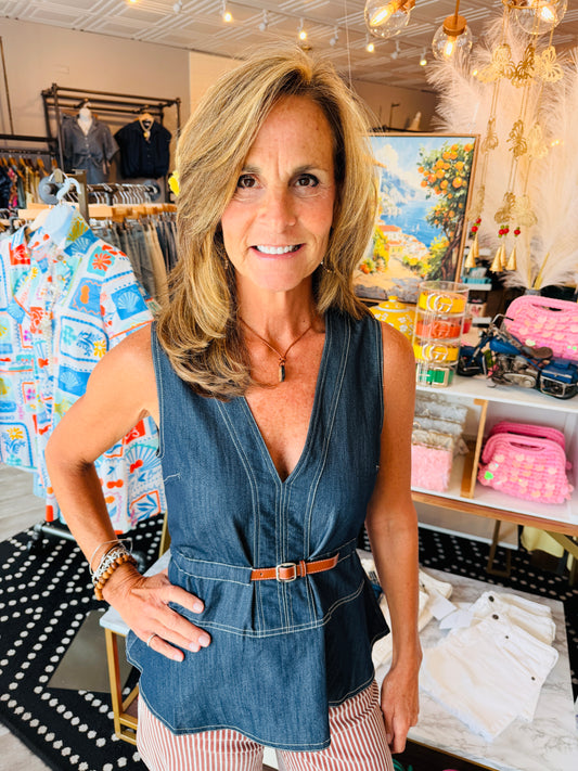 BELTED V-NECK DENIM TOP