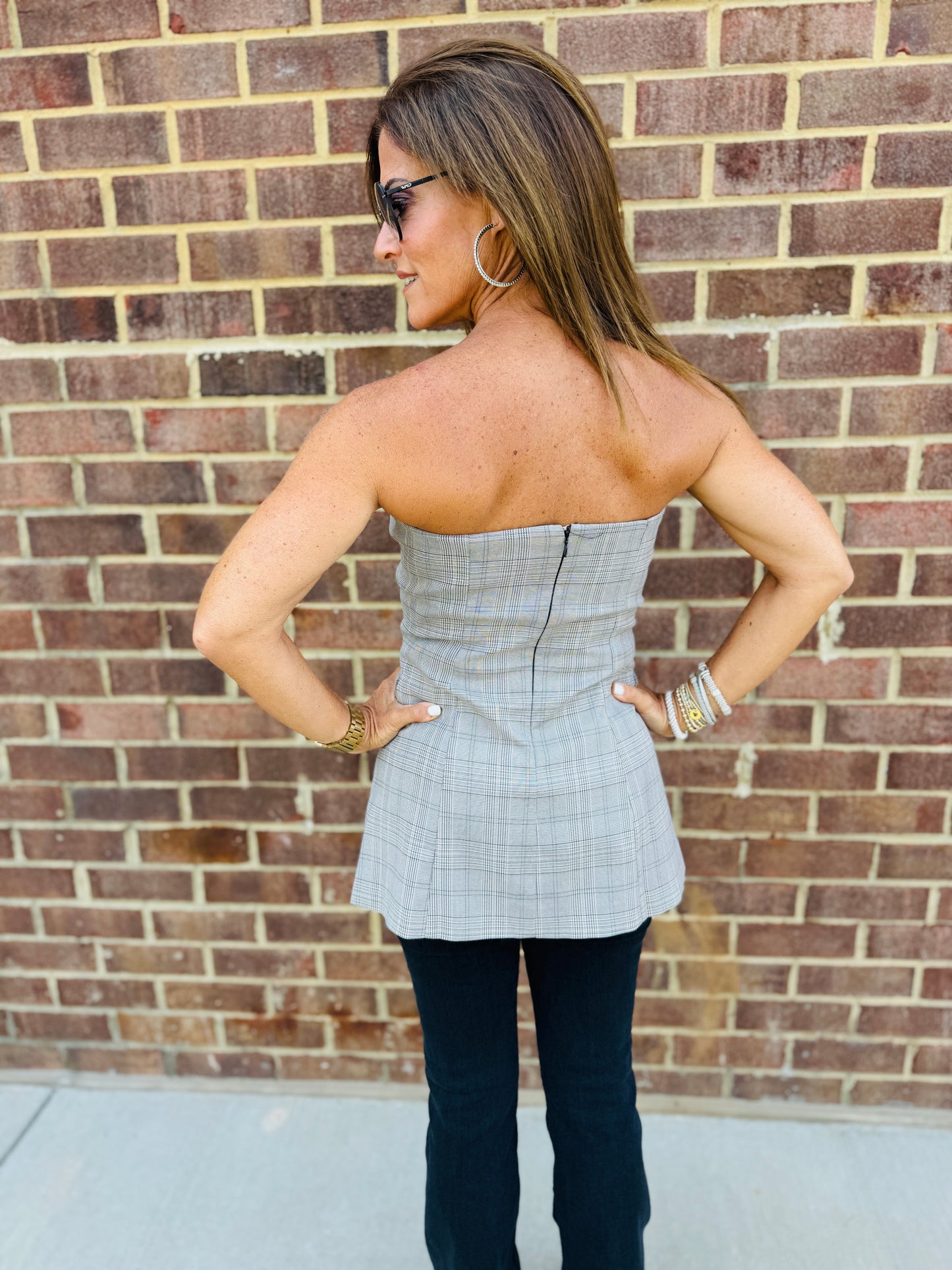 PLAID STRAPLESS BLAZER TOP