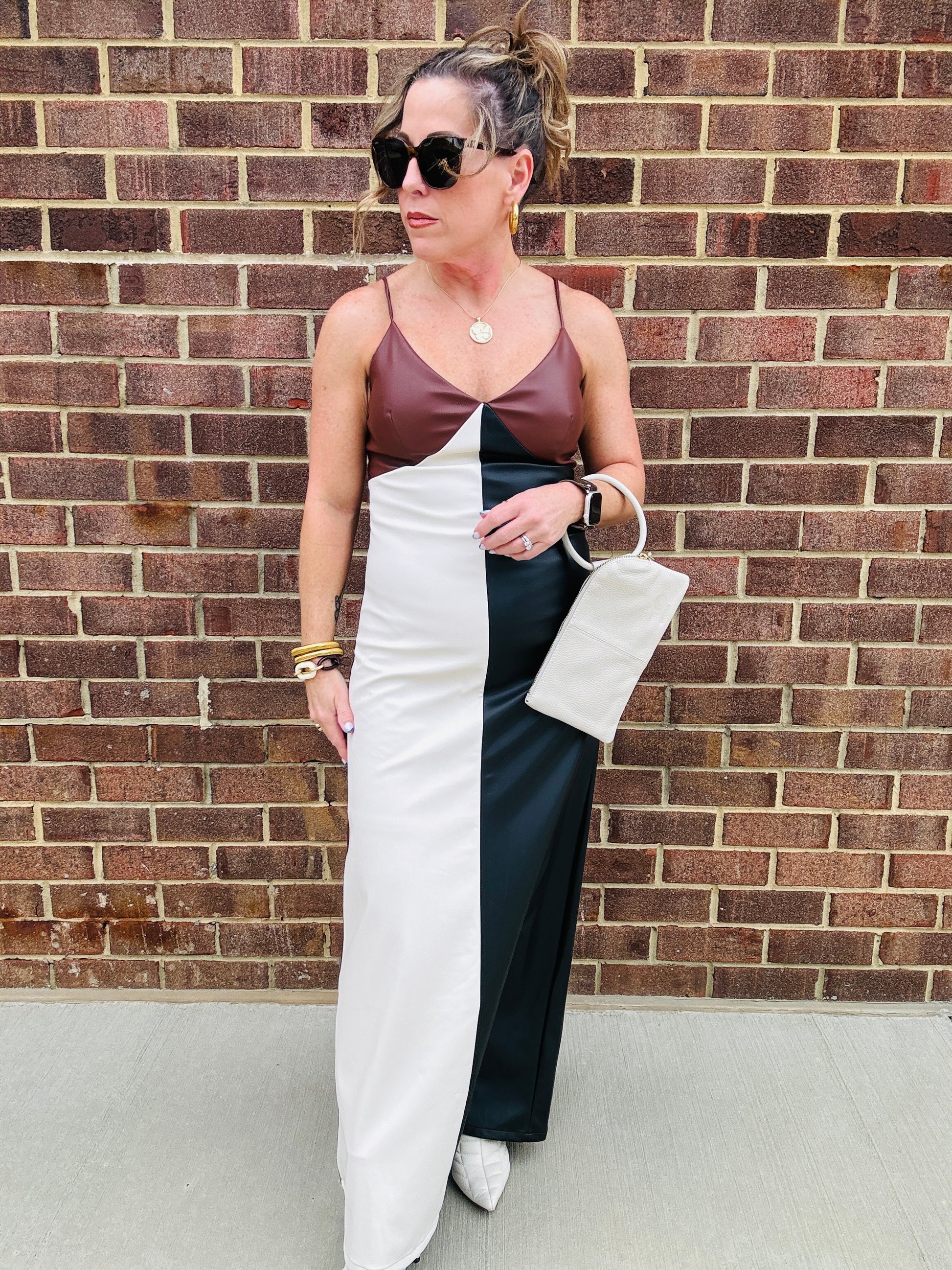 COLOR BLOCK FAUX LEATHER MAXI DRESS