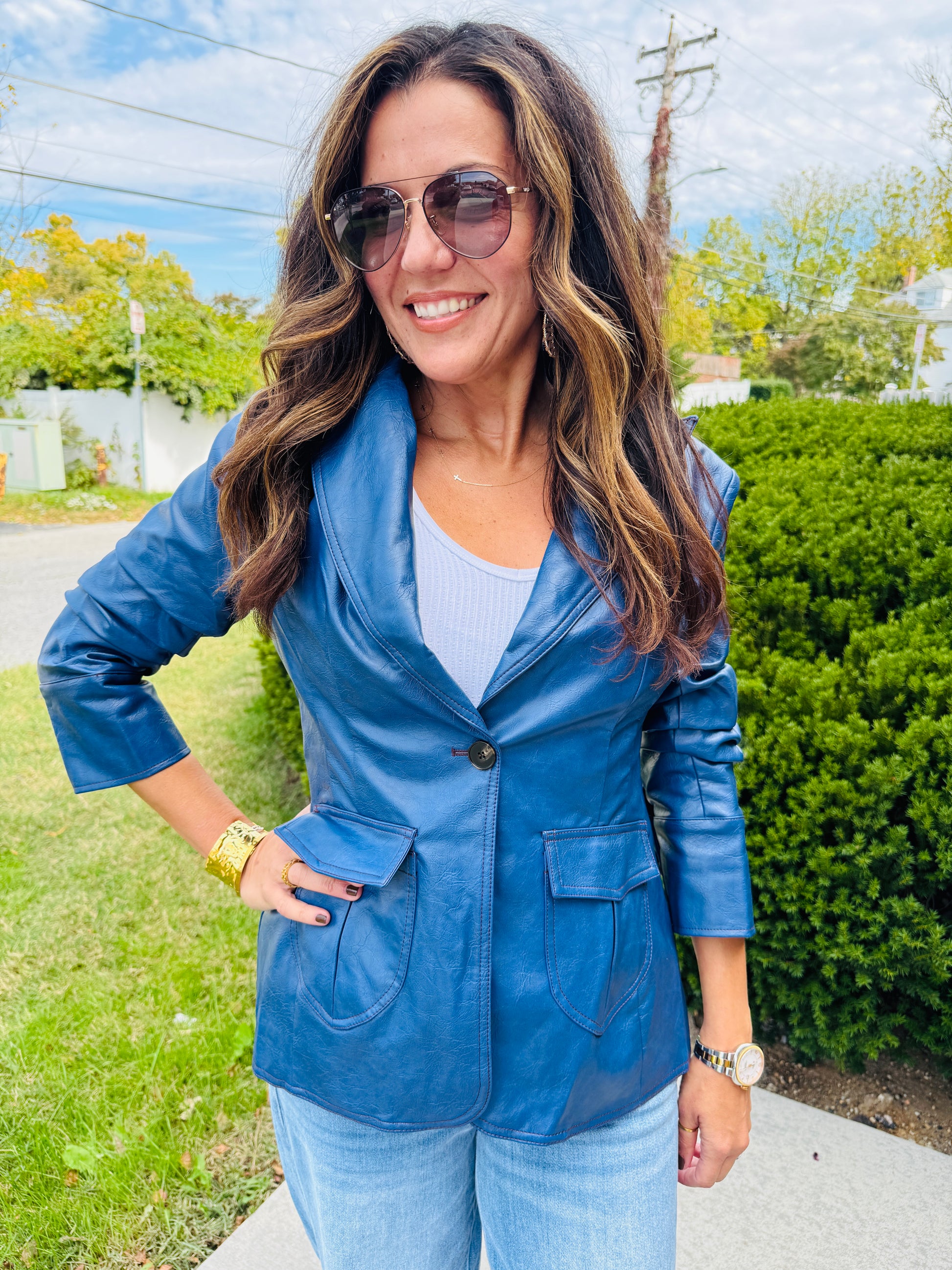 SCRUNCHED SLV FAUX LEATHER BLAZER