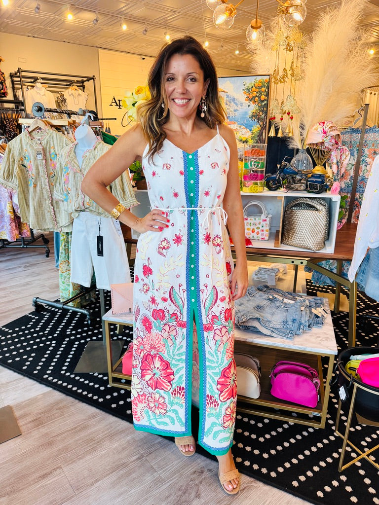 FLORAL BORDER BUTTON DOWN MAXI DRESS