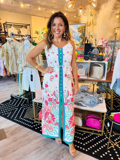 FLORAL BORDER BUTTON DOWN MAXI DRESS