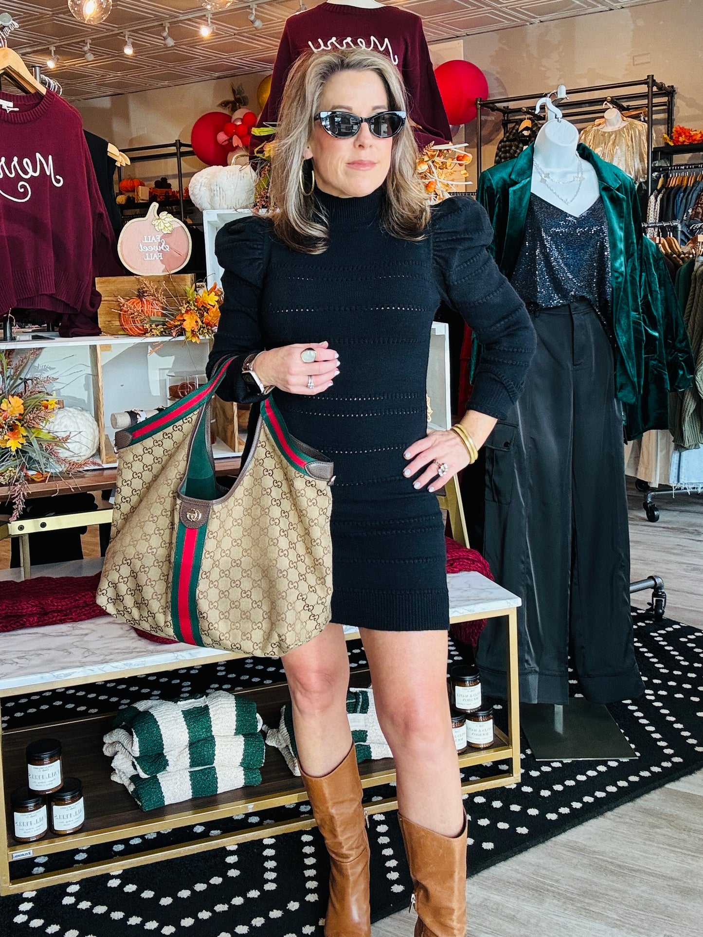 MOCK NECK PUFF SLV KNIT SWEATER DRESS