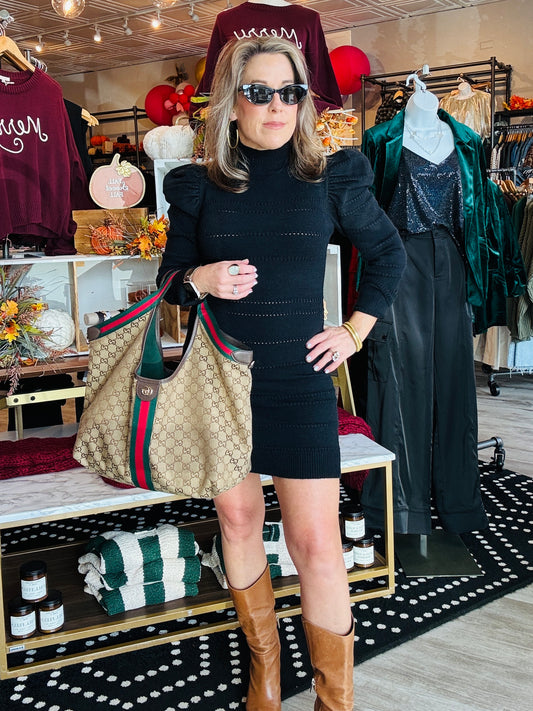 MOCK NECK PUFF SLV KNIT SWEATER DRESS