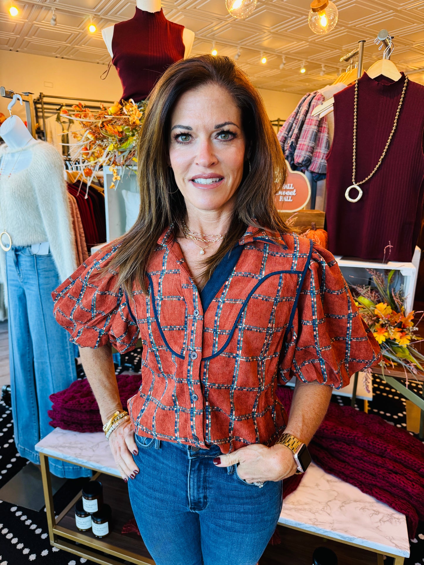 THML PUFF SLV PLAID CORDUROY TOP