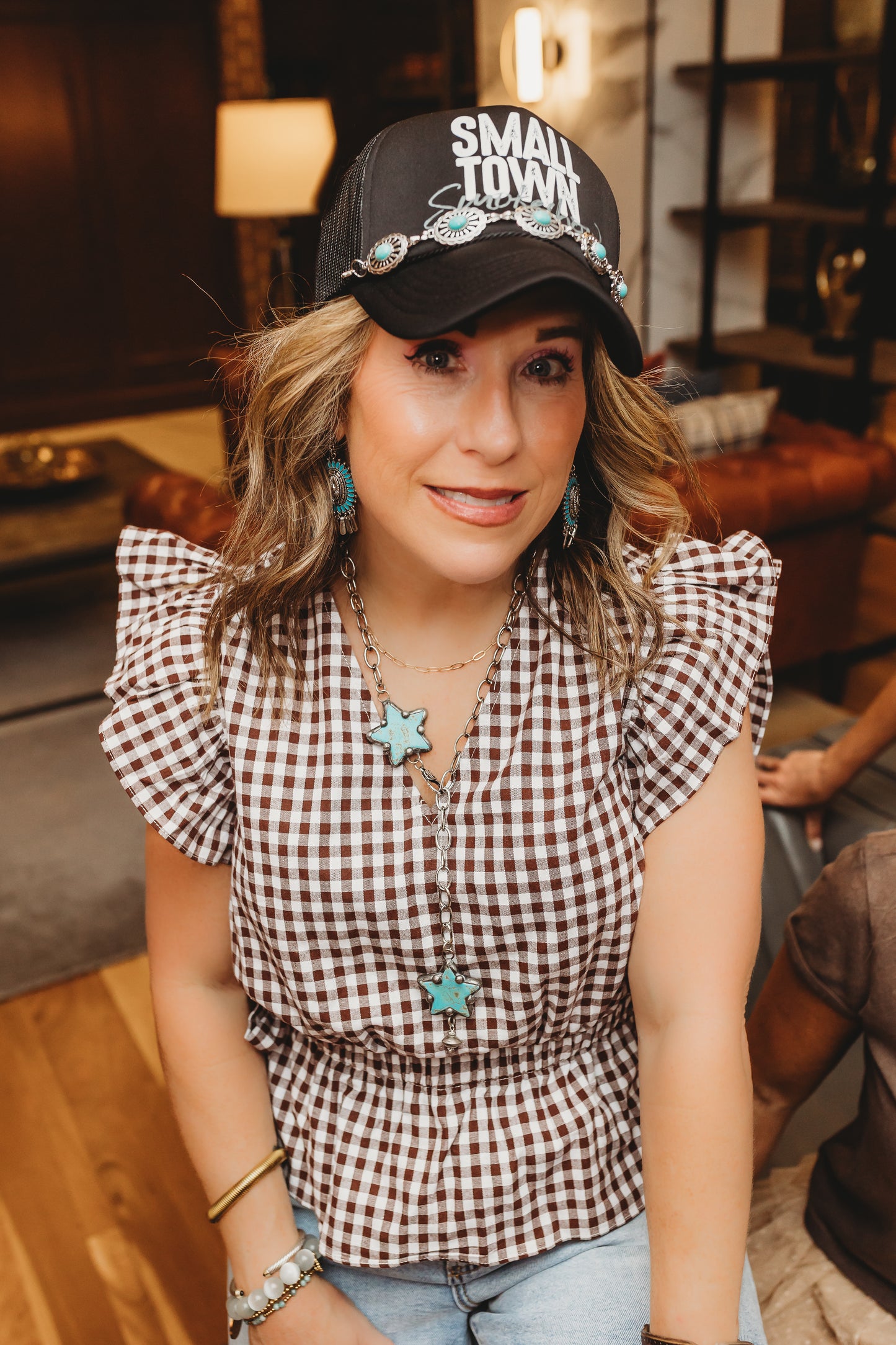 GINGHAM RUFFLE PEPLUM TOP