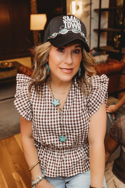 GINGHAM RUFFLE PEPLUM TOP