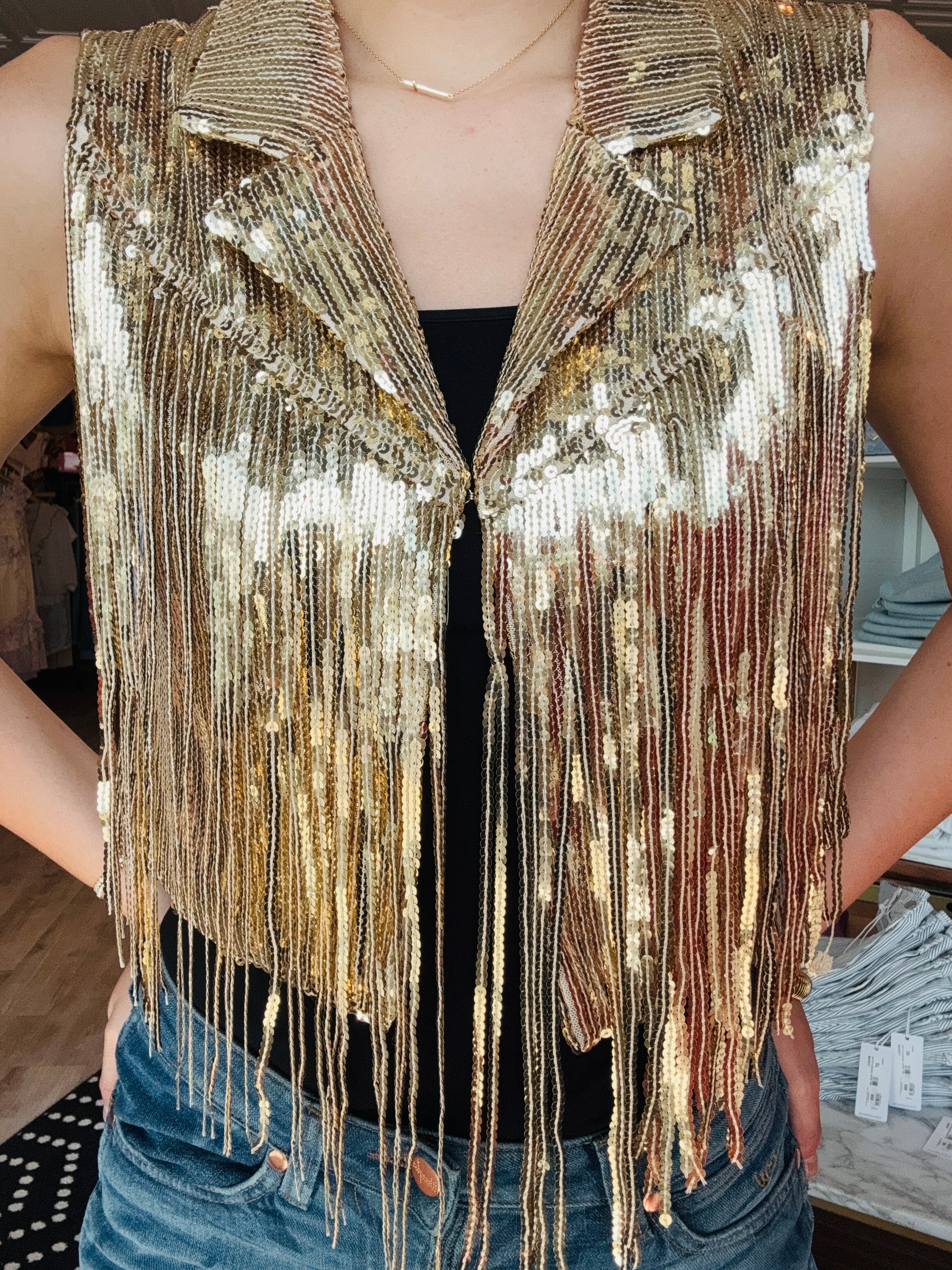 FRINGE SEQUIN COLLARED VEST