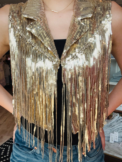 FRINGE SEQUIN COLLARED VEST
