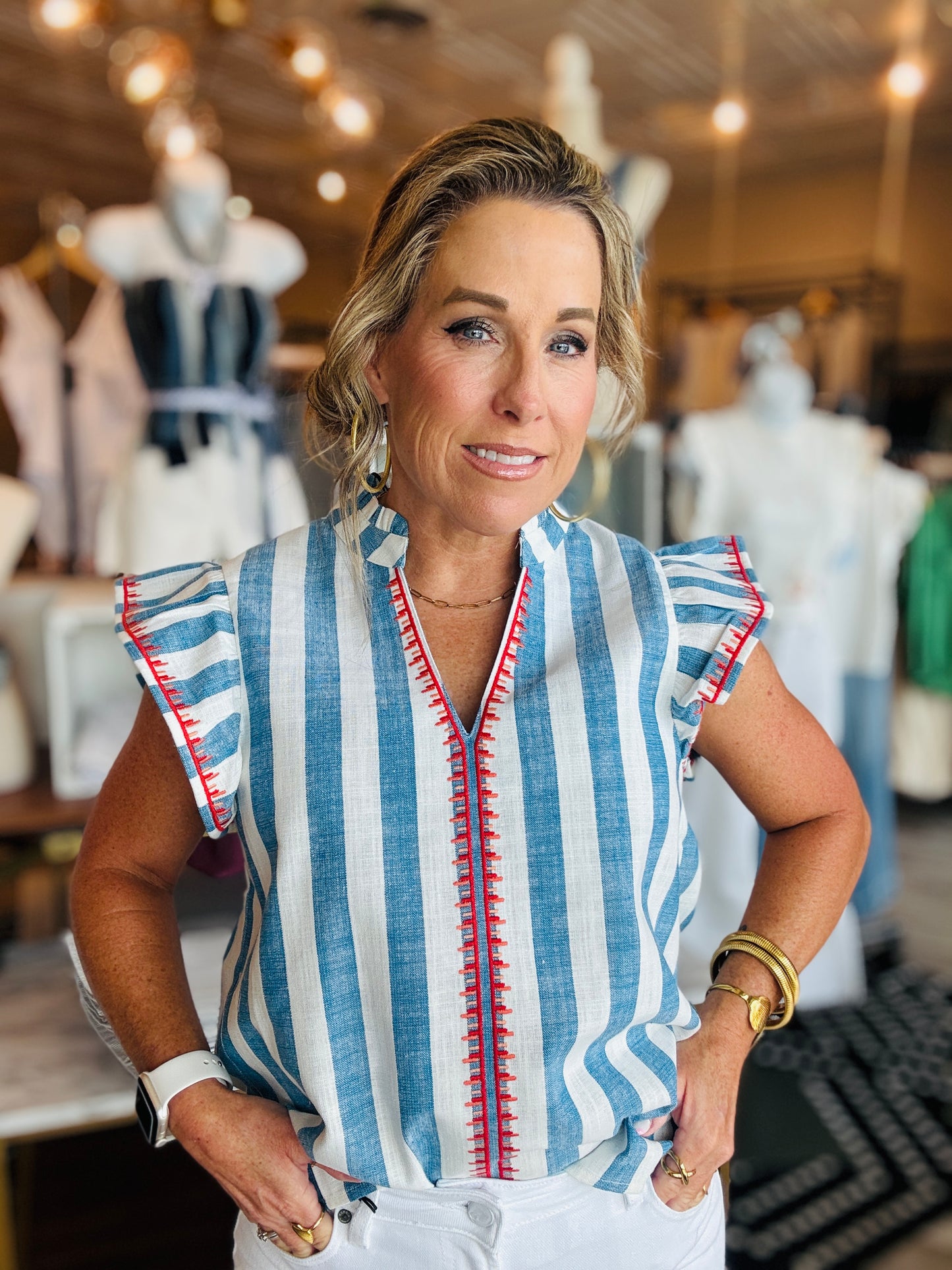 THML FLUTTER SLV STRIPED V-NECK TOP