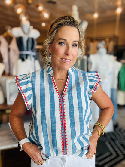 THML FLUTTER SLV STRIPED V-NECK TOP