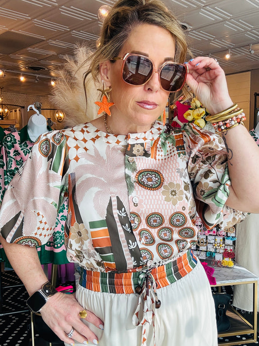 CIEBON PALM PRINT BALLON SLV TOP