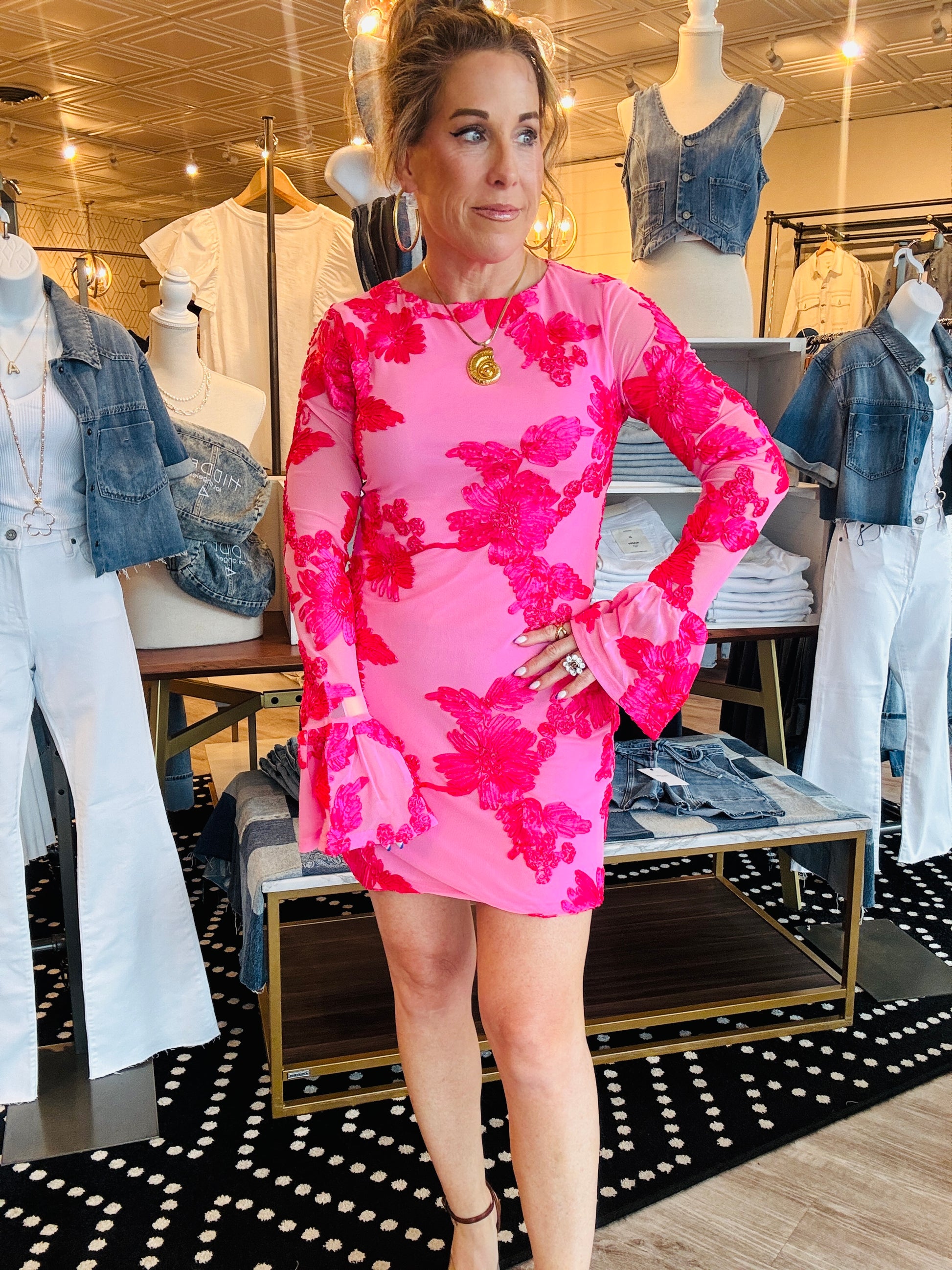 CHIFFON FLORAL BROCADE MINI DRESS