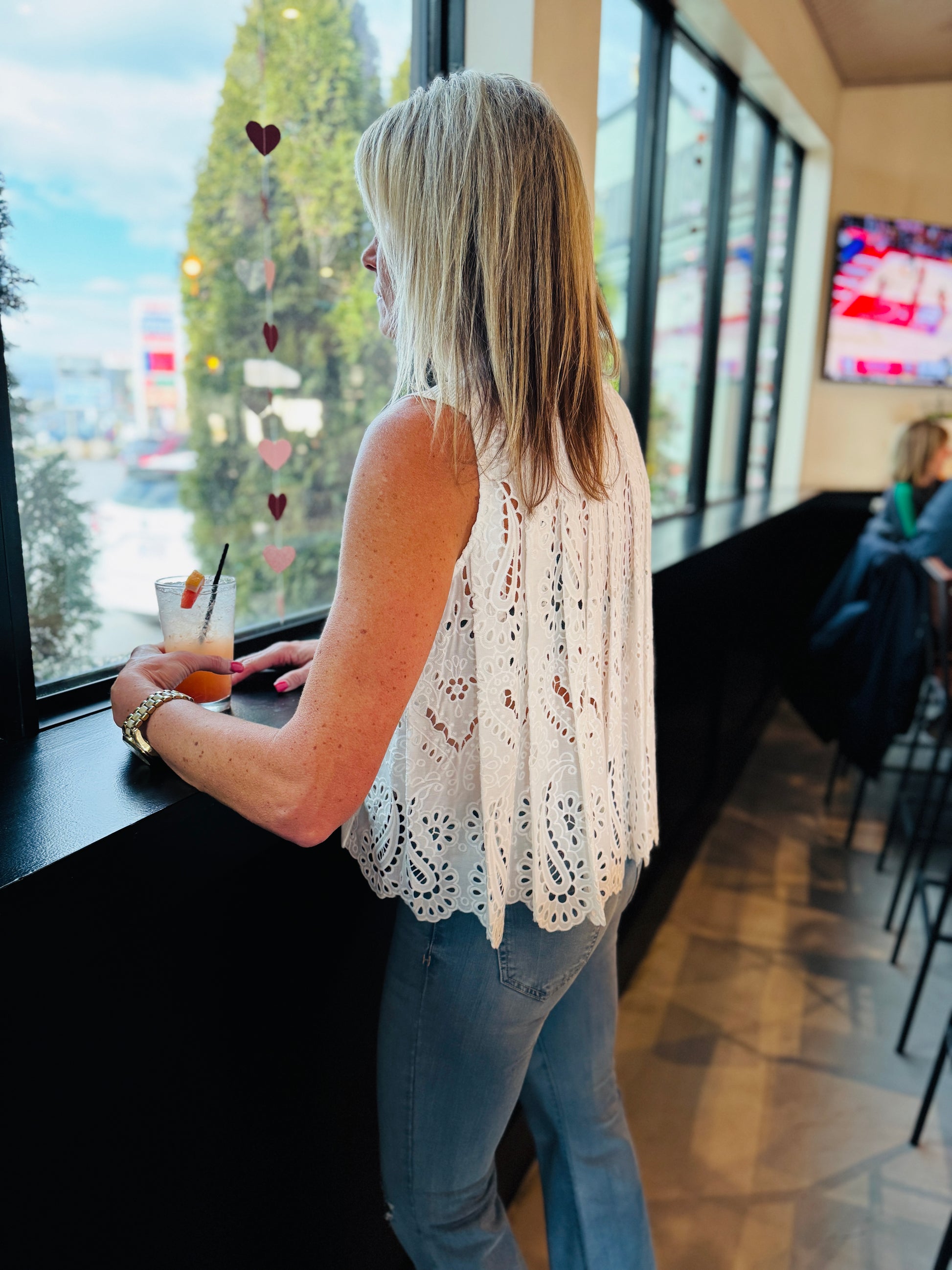 PLEATED EYELET BACK SWEATER TOP