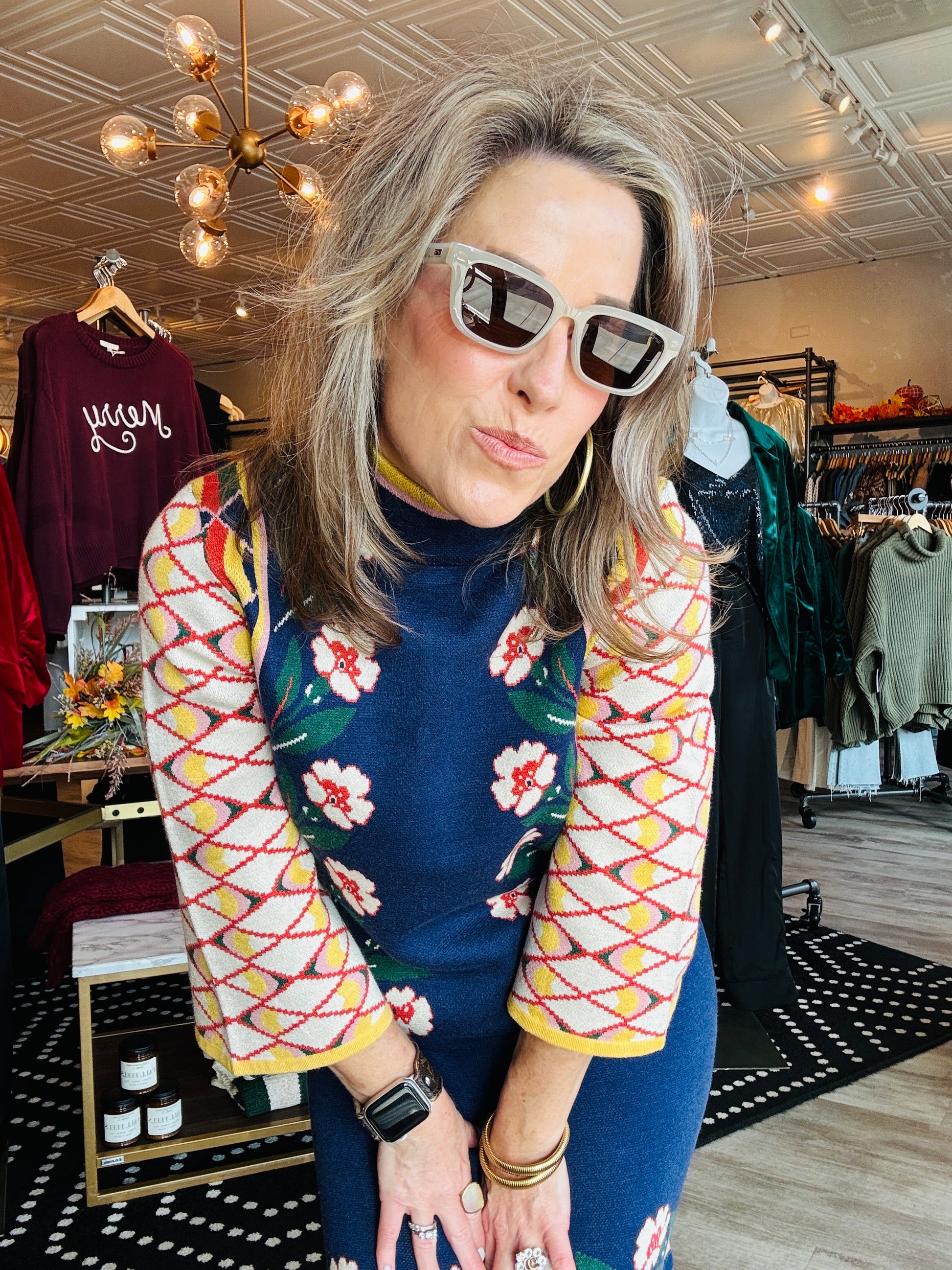 FLORAL AND GEO MOTIF KNIT SWEATER DRESS