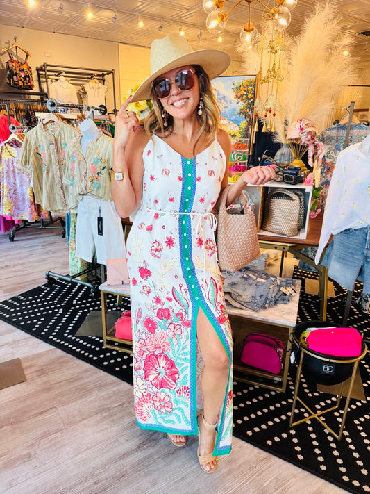 FLORAL BORDER BUTTON DOWN MAXI DRESS