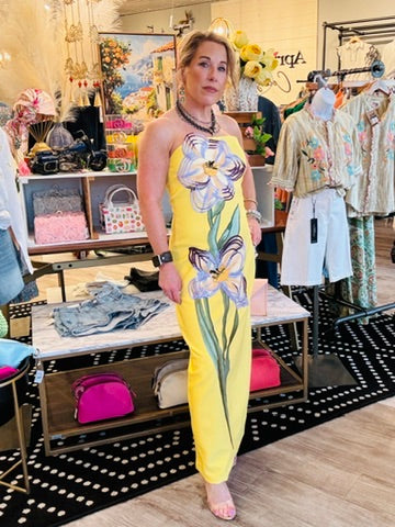 YELLOW RETRO TUBE TOP DRESS W 3D FLORAL