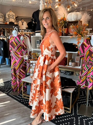 AUTUMNAL FLORAL WOVEN MIDI DRESS