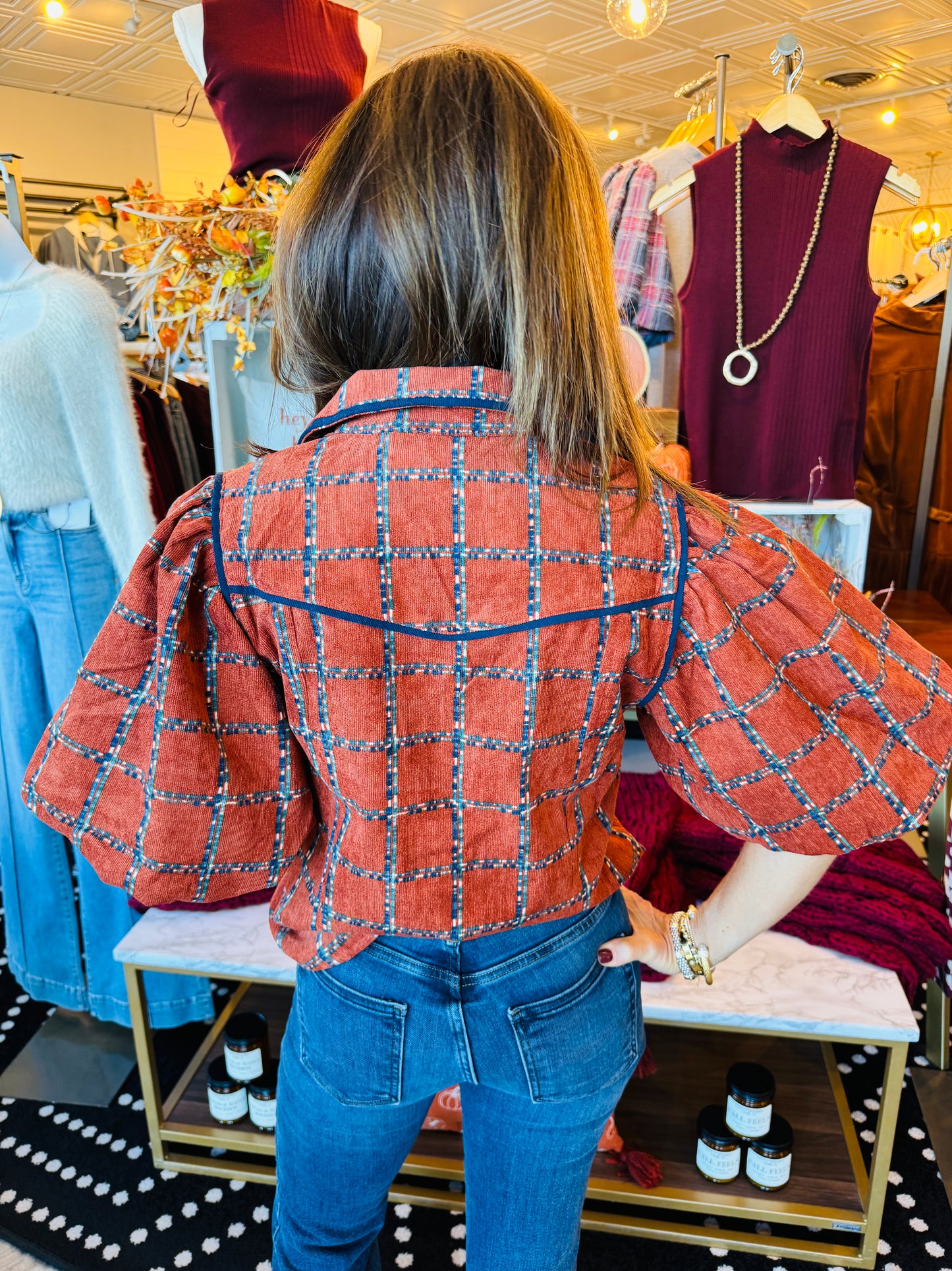 THML PUFF SLV PLAID CORDUROY TOP