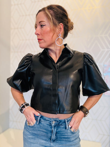 BUBBLE SLV LEATHER CROPPED TOP