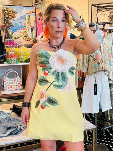 STRAPLESS EMBROIDERED 3D FLORAL MINI DRESS