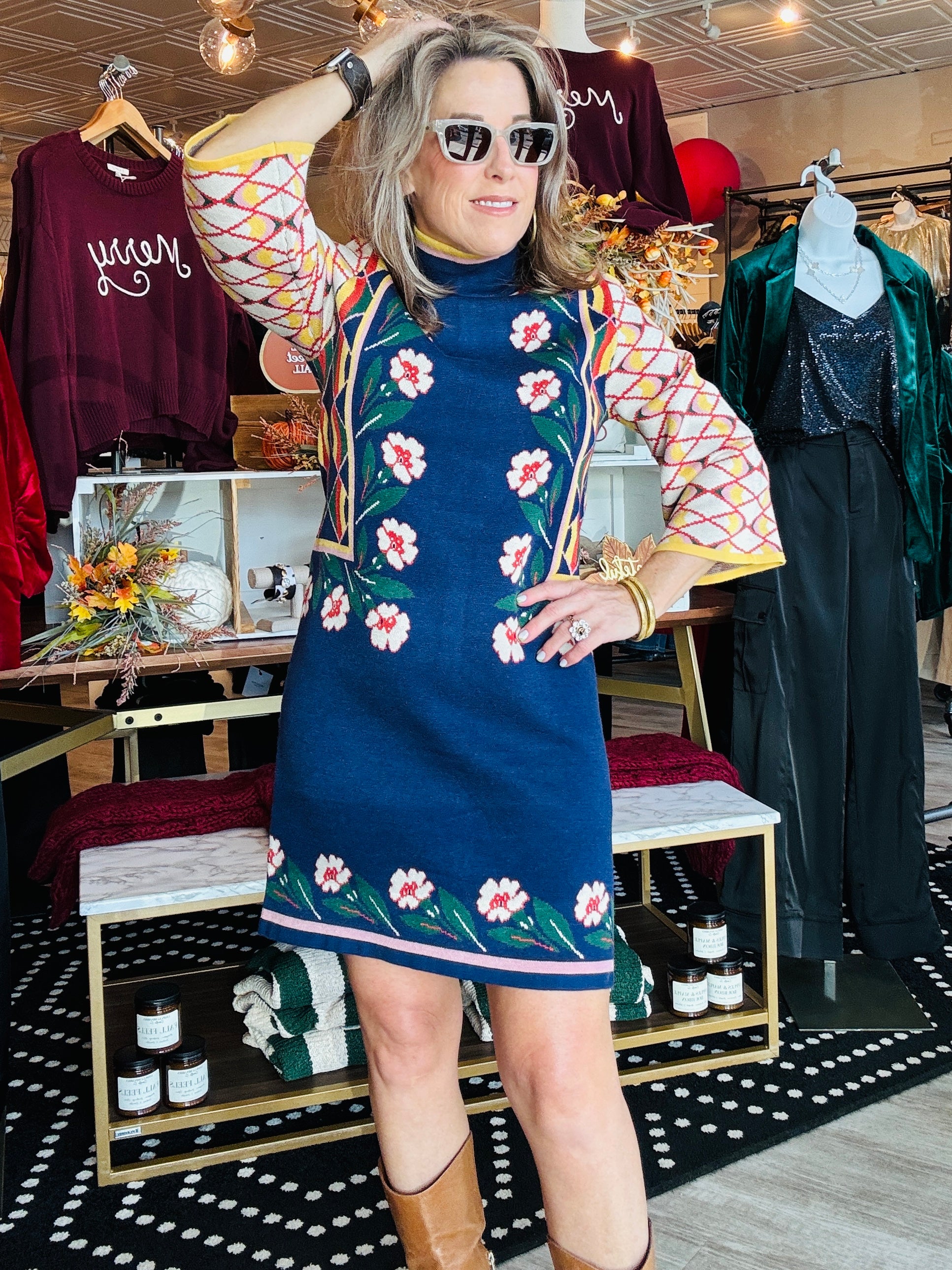 FLORAL AND GEO MOTIF KNIT SWEATER DRESS