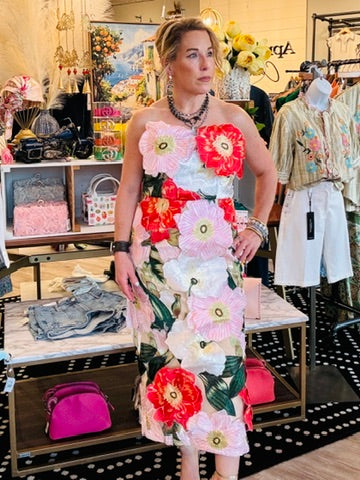 STRAPLESS FLORAL EMBOSSED BEADED MIDI DRESS