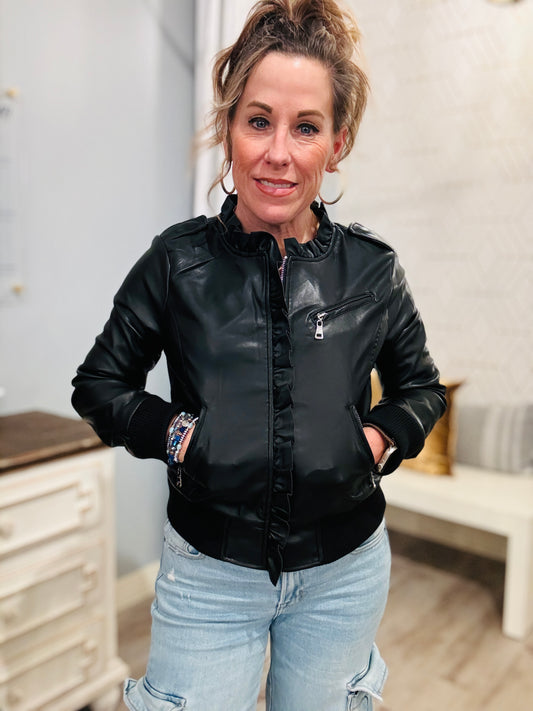 RUFLLE NECK FAUX LEATHER JACKET