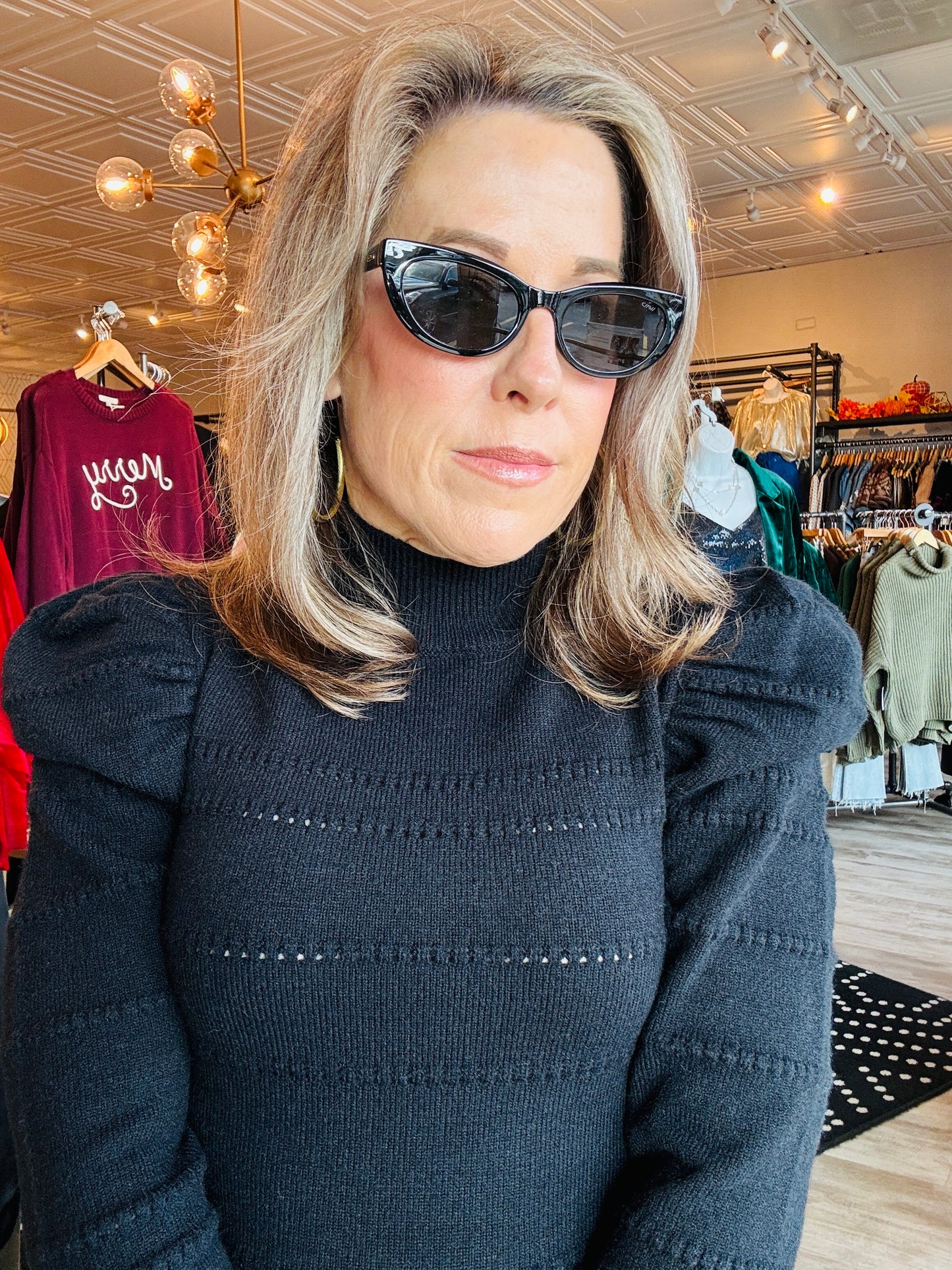 MOCK NECK PUFF SLV KNIT SWEATER DRESS