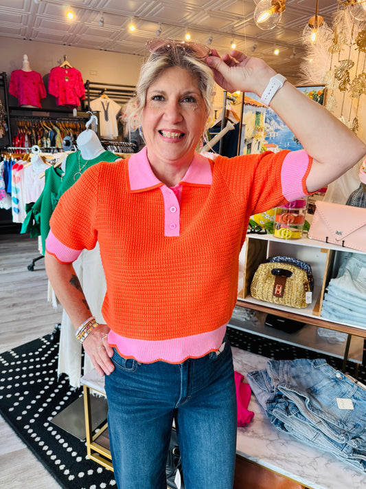 THML SCALLOPED DETAIL COLLARED KNIT TOP