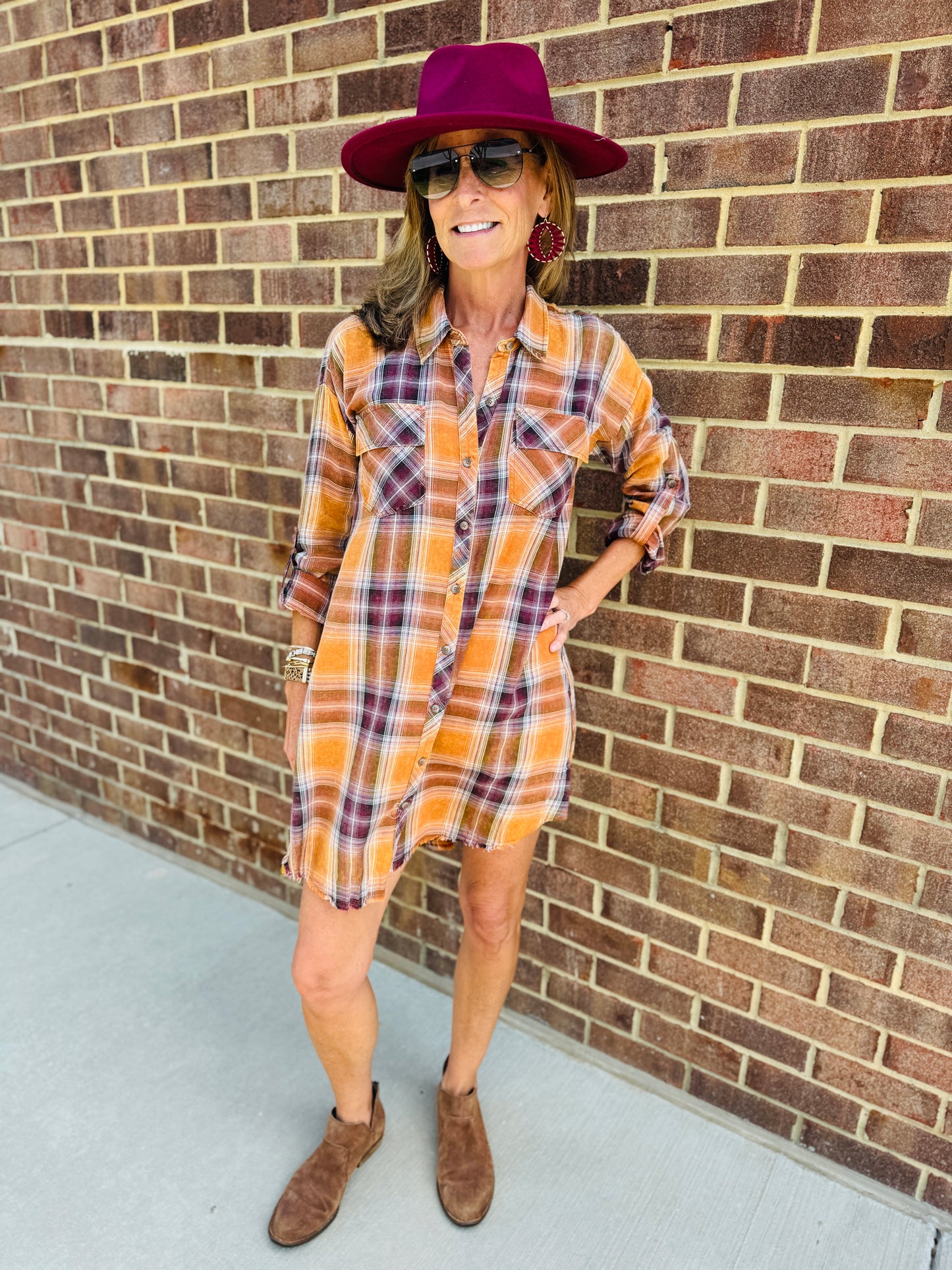 ROLLED UP SLV WASHED PLAID SHIRT DRESS