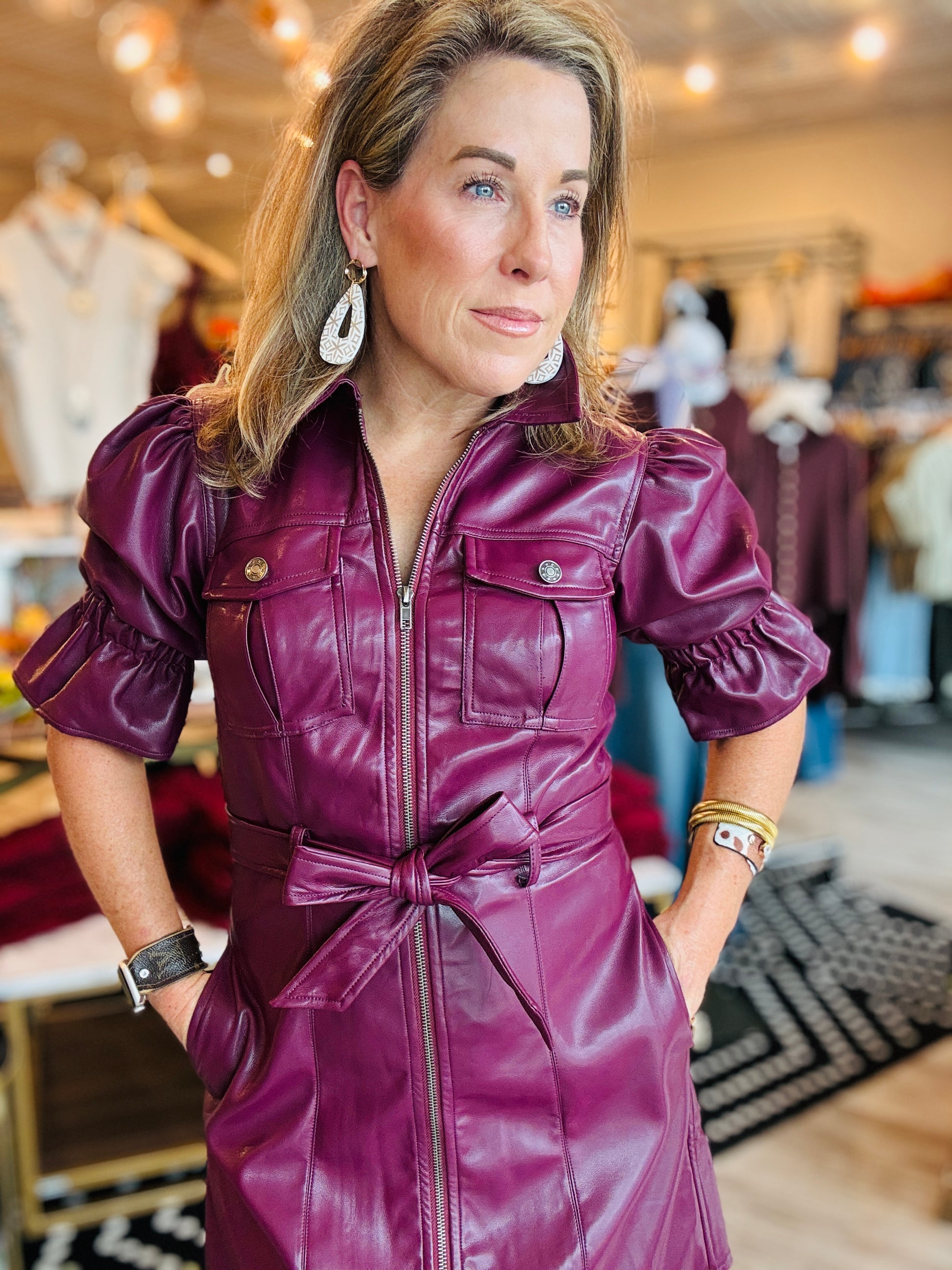 FLAP POCKET PUFF SLV FAUX LEATHER DRESS
