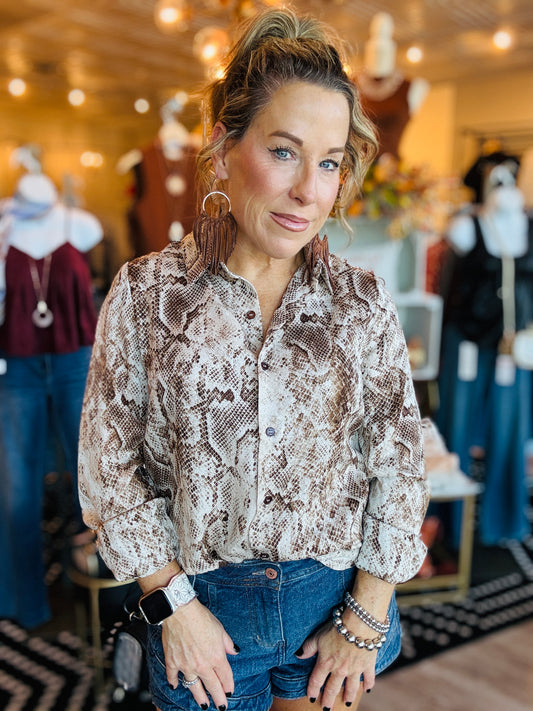 SKIES ARE BLUE PYTHON PRINT BUTTON DOWN BLOUSE