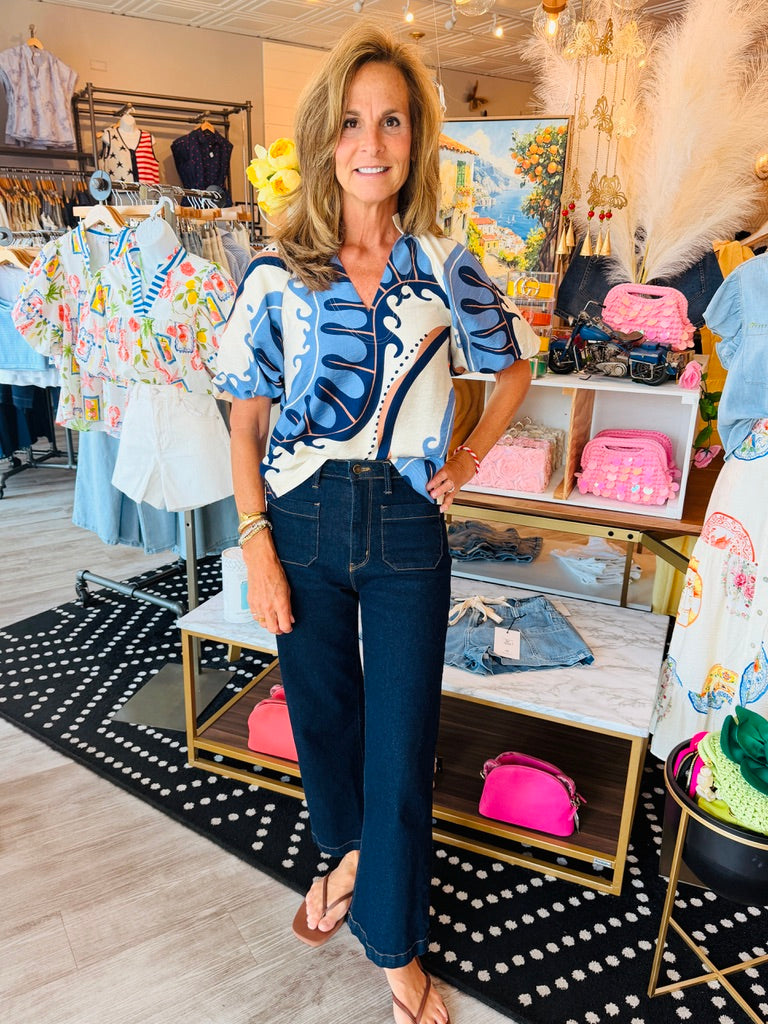 PATCH POCKET WIDE LEG FLARE JEANS