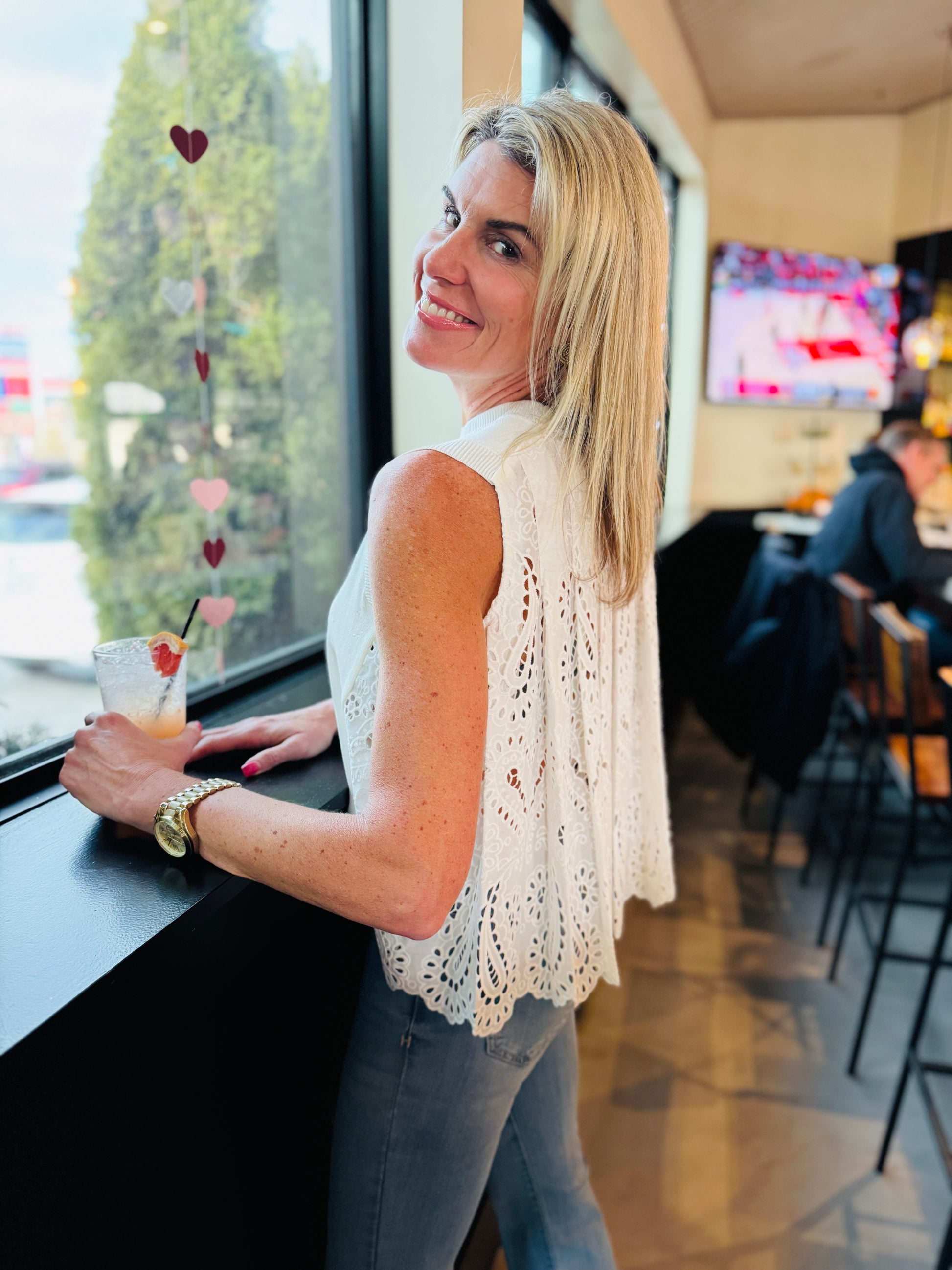 PLEATED EYELET BACK SWEATER TOP