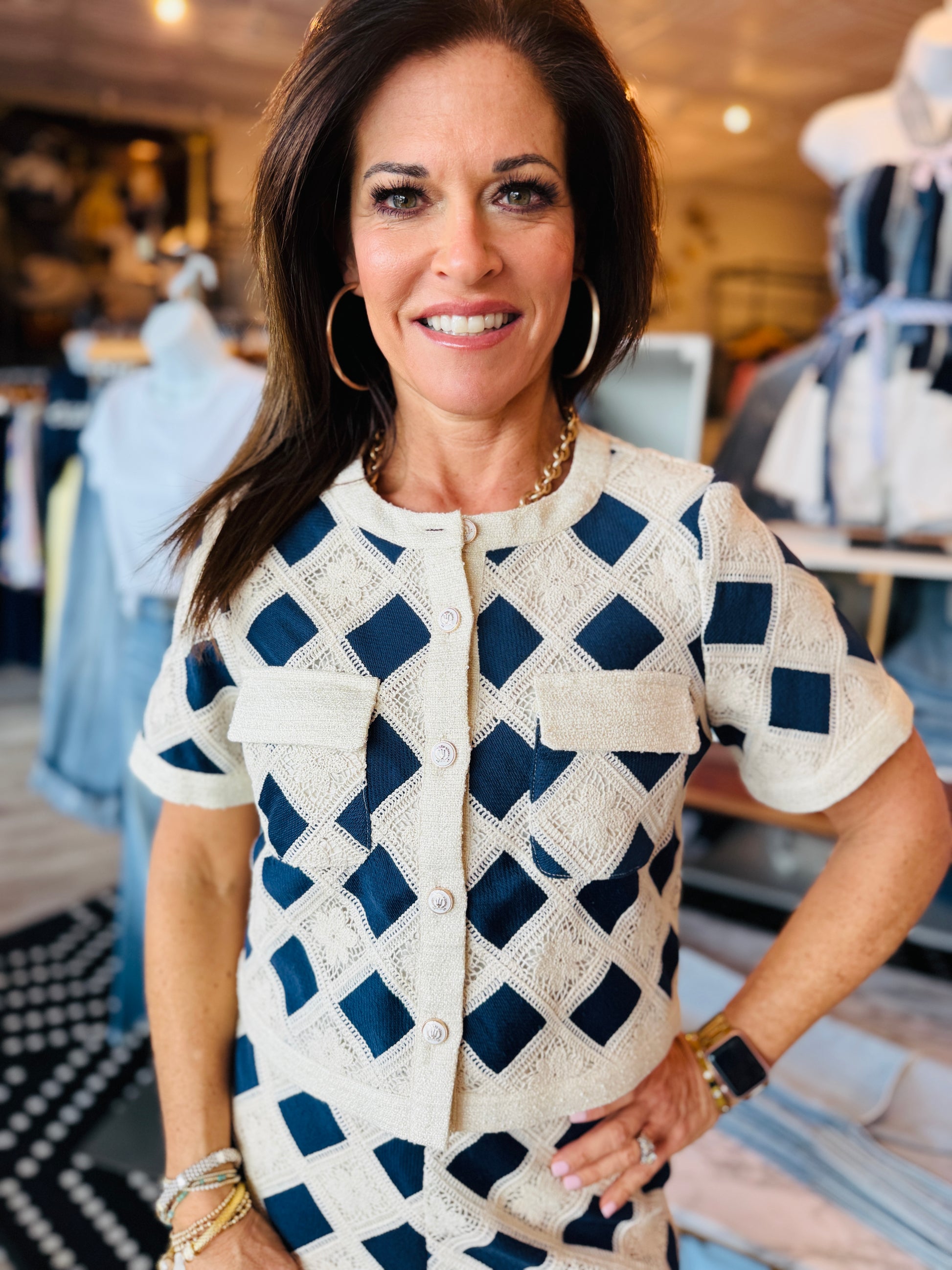 CURRENT AIR DIAMOND PATTERN CROCHET CROP SHIRT JACKET