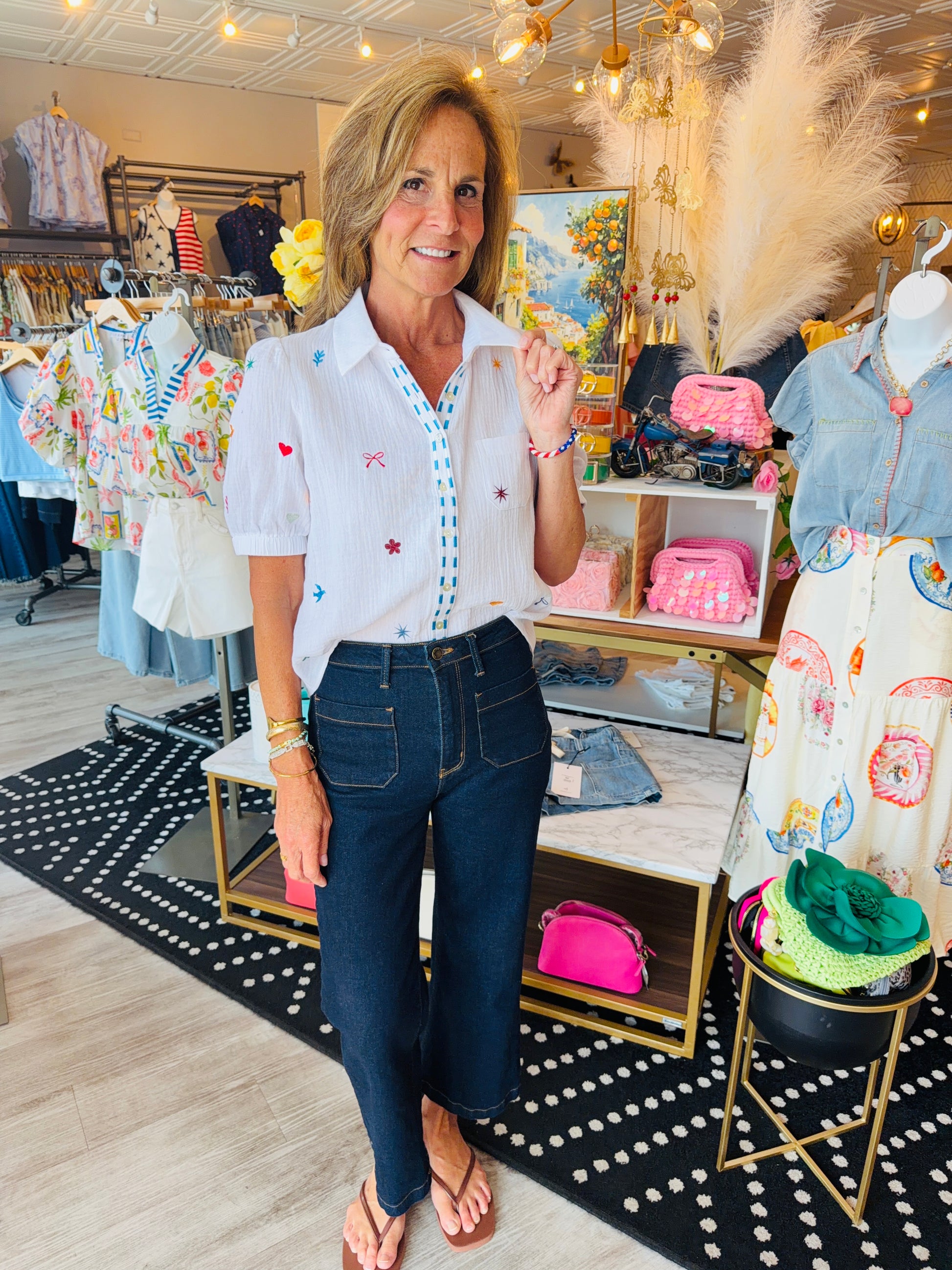 THML BUTTON UP EMBROIDERED TOP