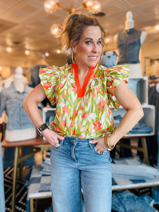THML FLUTTER SLV FLORAL PRINT TOP