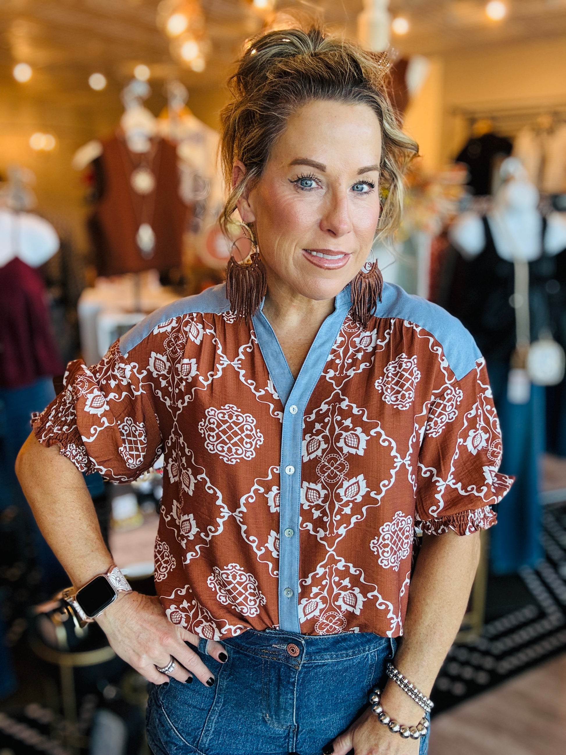 THML DENIM AZTEC PRINT TOP