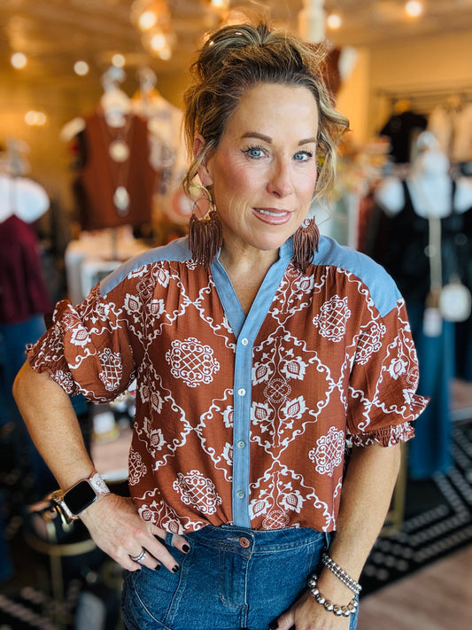 THML DENIM AZTEC PRINT TOP