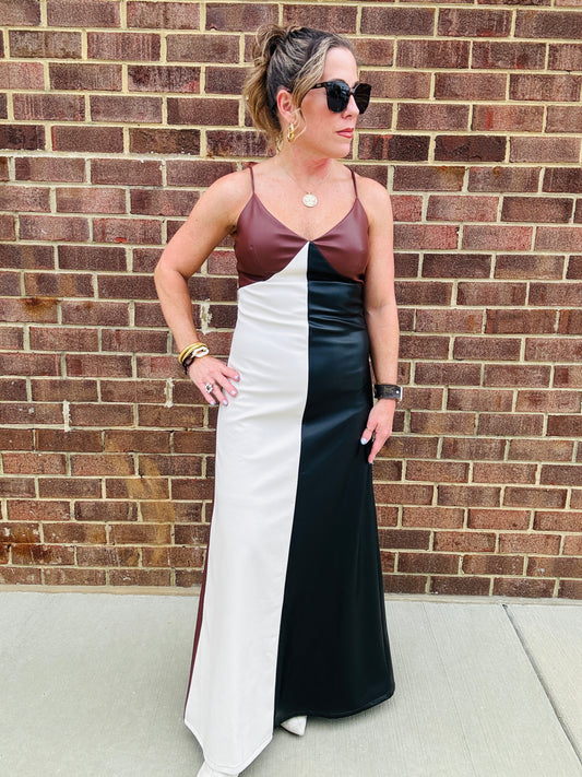 COLOR BLOCK FAUX LEATHER MAXI DRESS