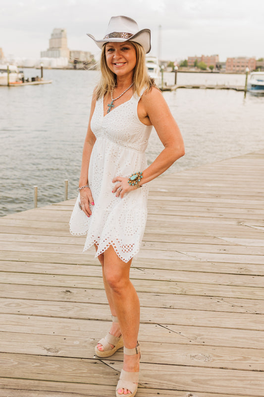 SCALLOPED HEM EYELET DRESS