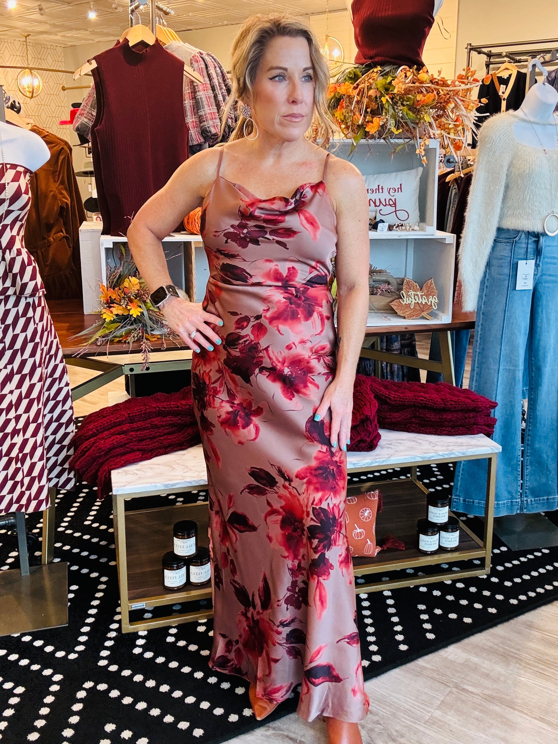 COWL NECK ADJUSTABLE MIDI SLIP DRESS