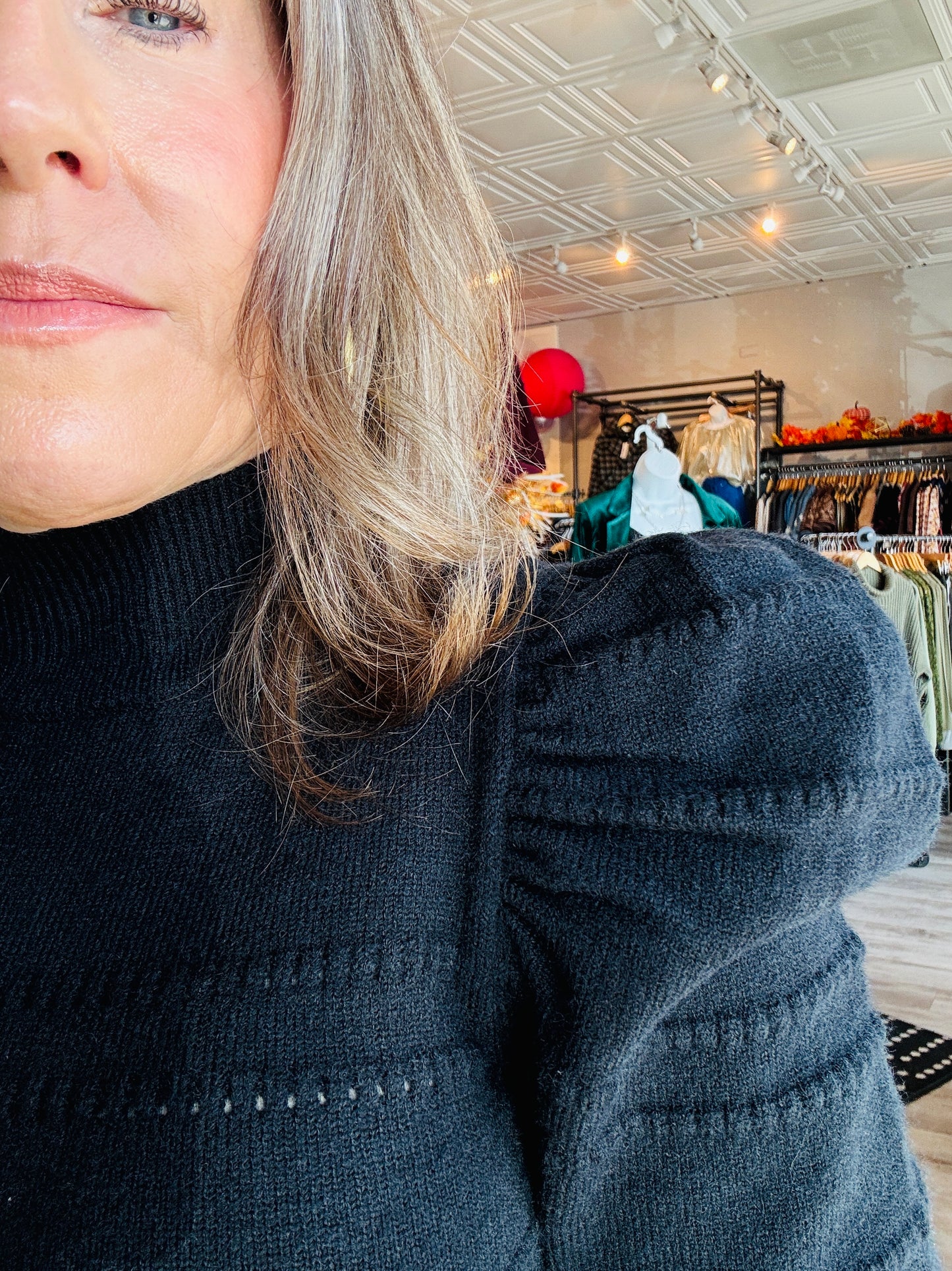 MOCK NECK PUFF SLV KNIT SWEATER DRESS