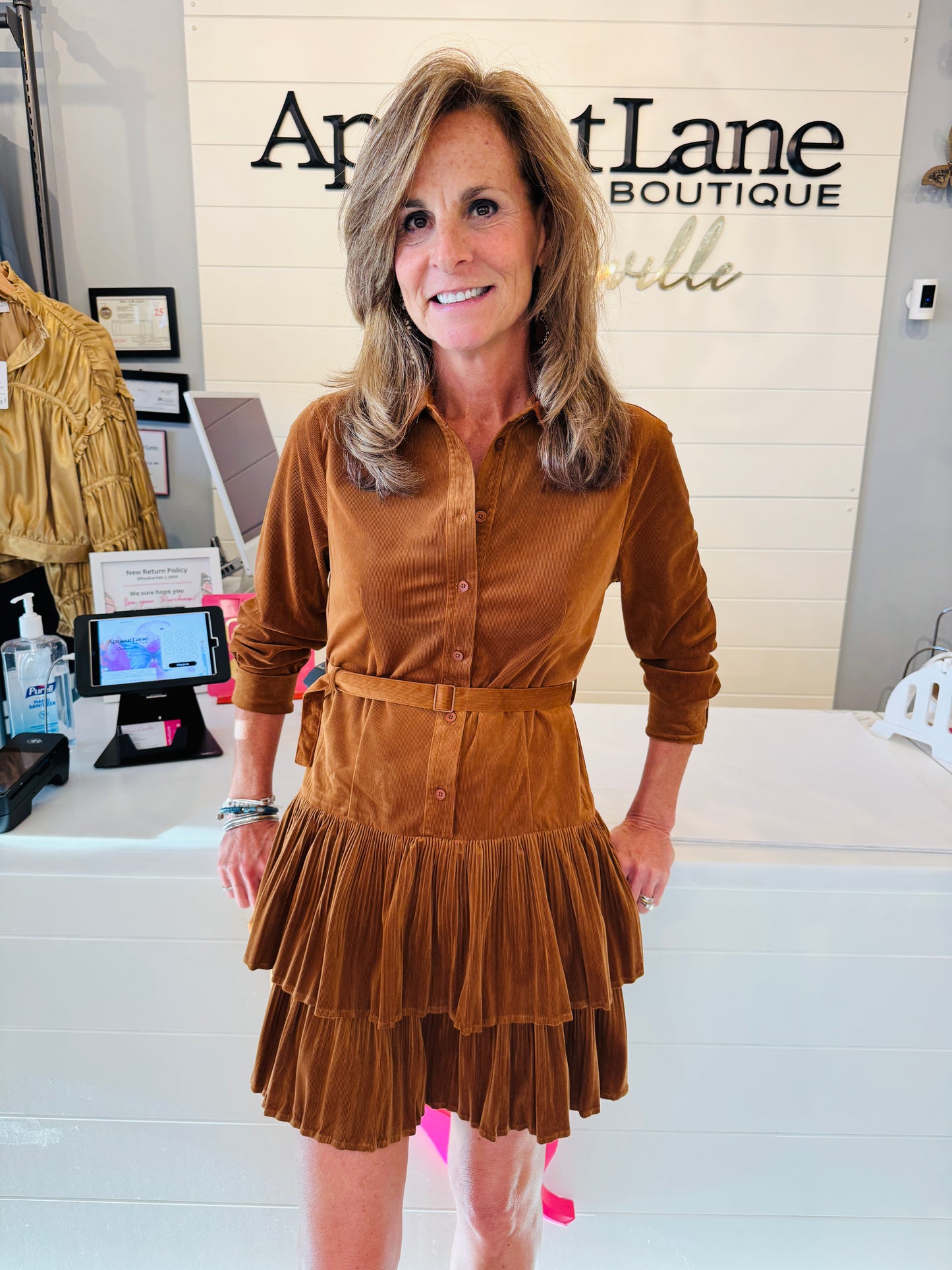 COLLARED COURDROY PLEATED SKIRT DRESS